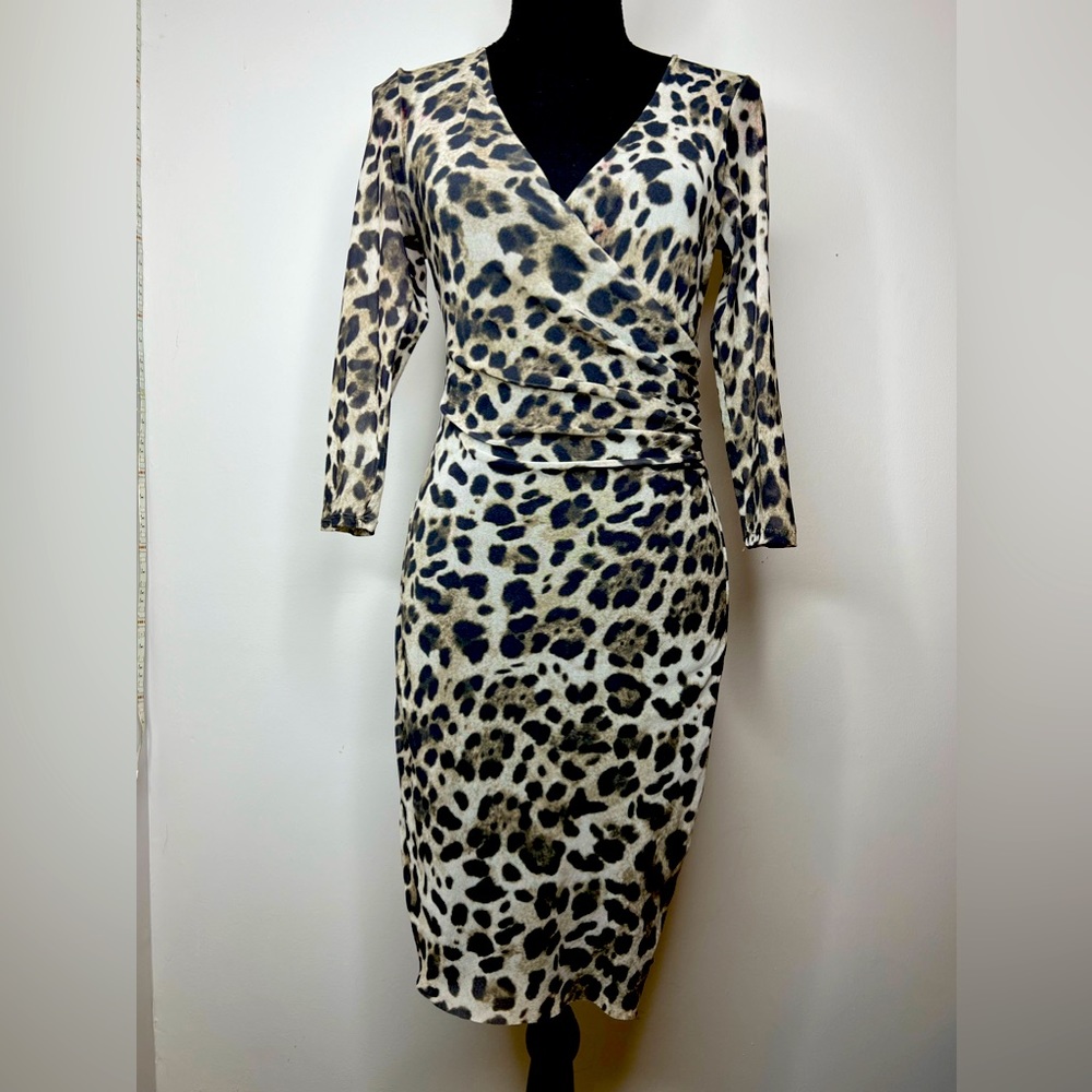 Vintage Bebe Mesh Faux Wrap Leopard Print 3/4 Sleeve V- Neck Dress